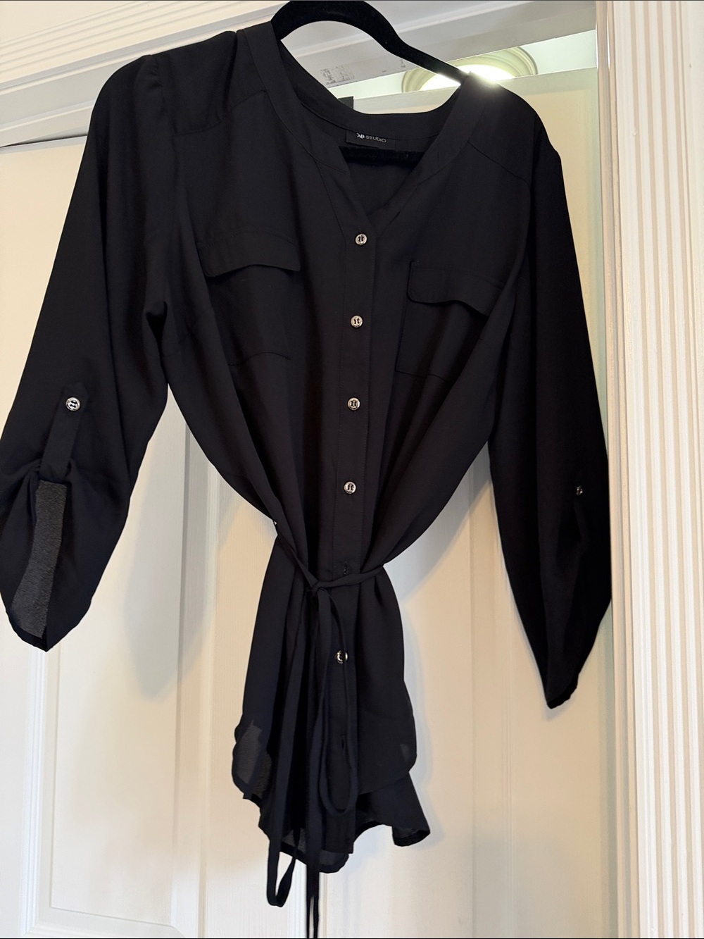 AB Studio Black Tie-Waist Button-Front Blouse